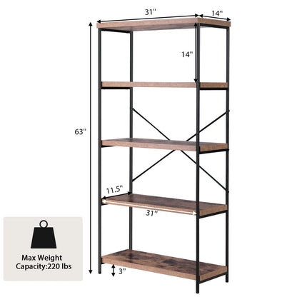 Goflame Industrial 5-Tier Wood Bookshelf - 63’’ Tall Open Storage Organizer Shelves with Anti-Tipping Device and Foot Pads