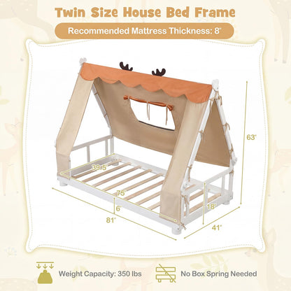 Goflame Twin Size House Floor Wood Bed with Tent