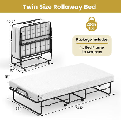 Goflame Twin Folding Bed with Mattress, Roll Away Bed Portable Guest Bed w/Sturdy Metal Frame