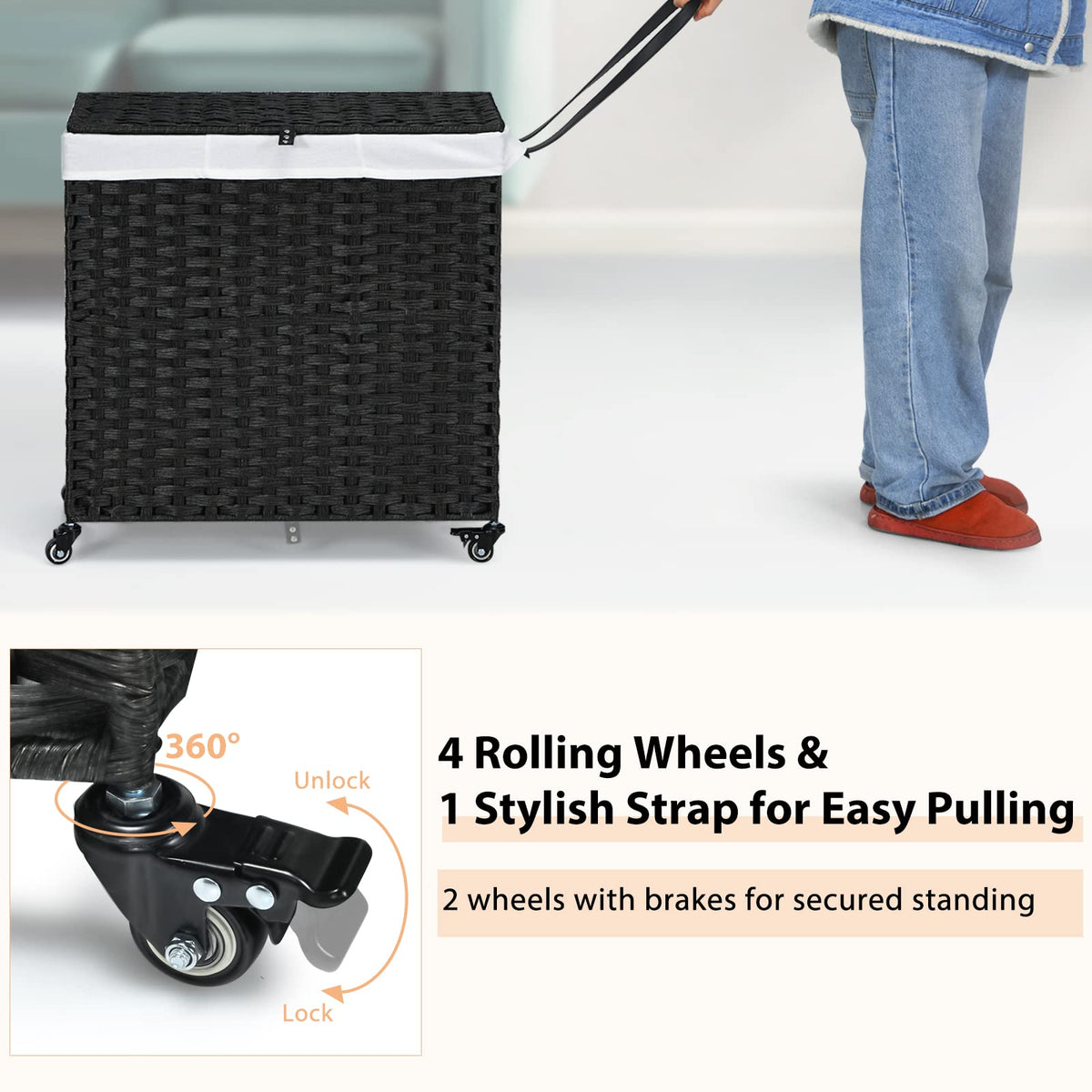 Goflame Laundry Hamper w/Wheels, 3 Section Hamper 125L w/2 Removable Liner Bags