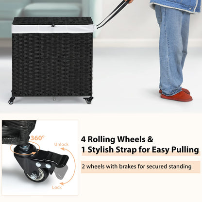 Goflame Laundry Hamper w/Wheels, 3 Section Hamper 125L w/2 Removable Liner Bags