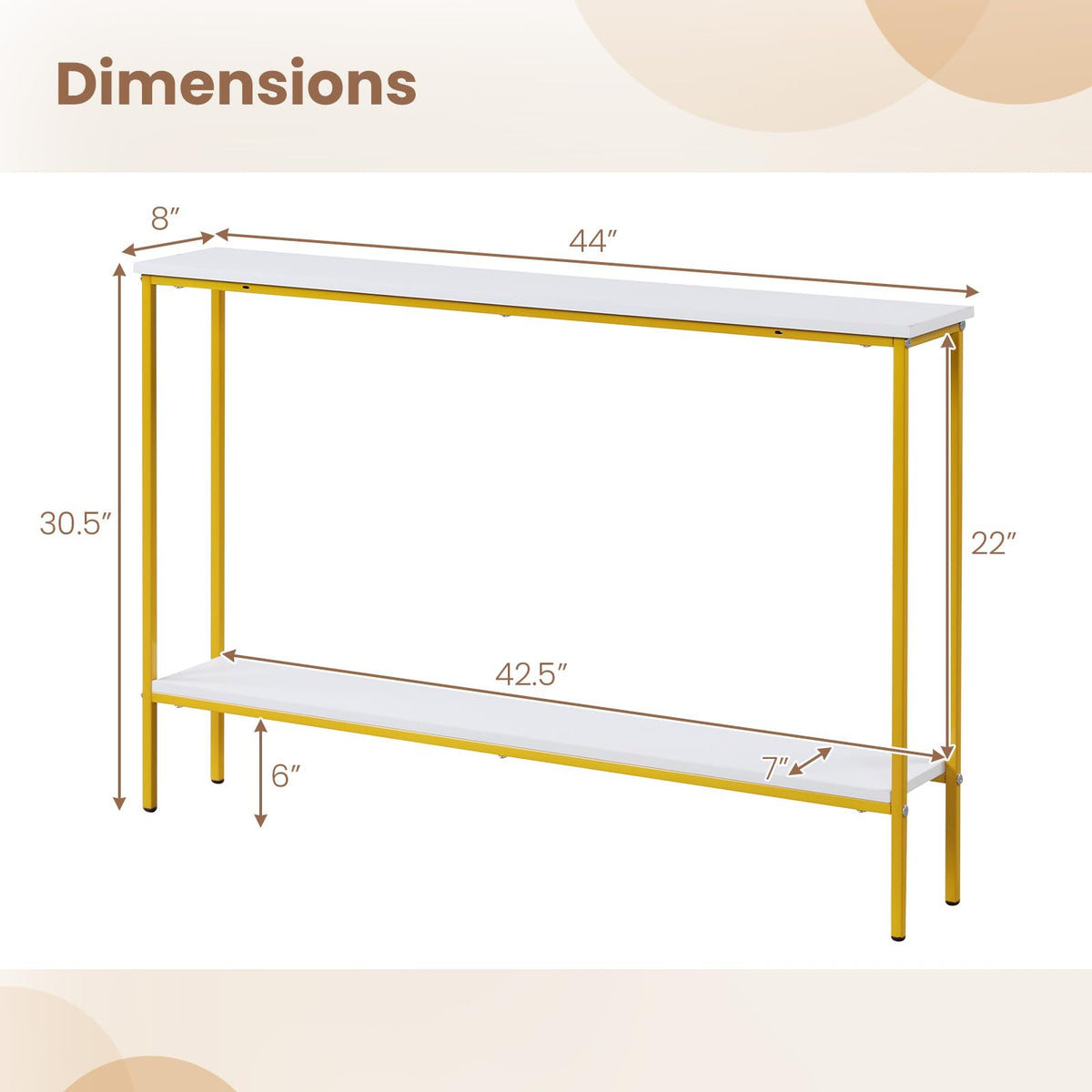 Goflame Gold Console Table with Shelf, 44" Narrow Entryway Table w/Dual Anti-Tipping Kits & Golden Metal Frame