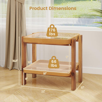 Goflame Rattan Side Table, Boho End Table for Living Room, Narrow Bedside Table with Tempered Glass Top