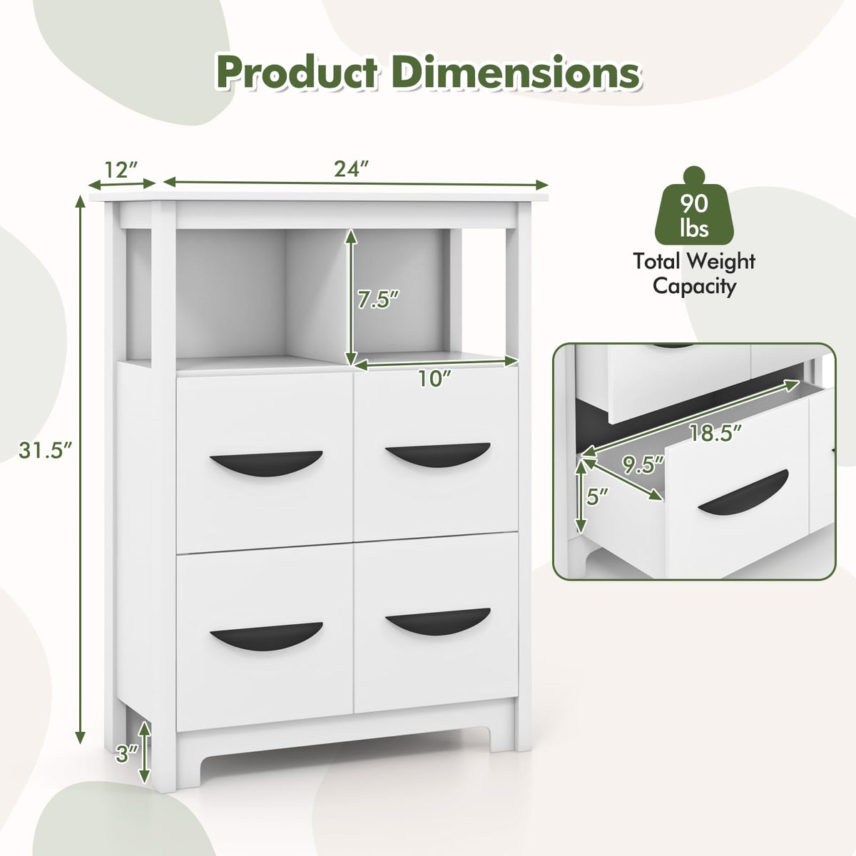 Goflame Storage Cabinet with Large Drawers, Open Storage Compartments, Anti-Tipping Kit, White