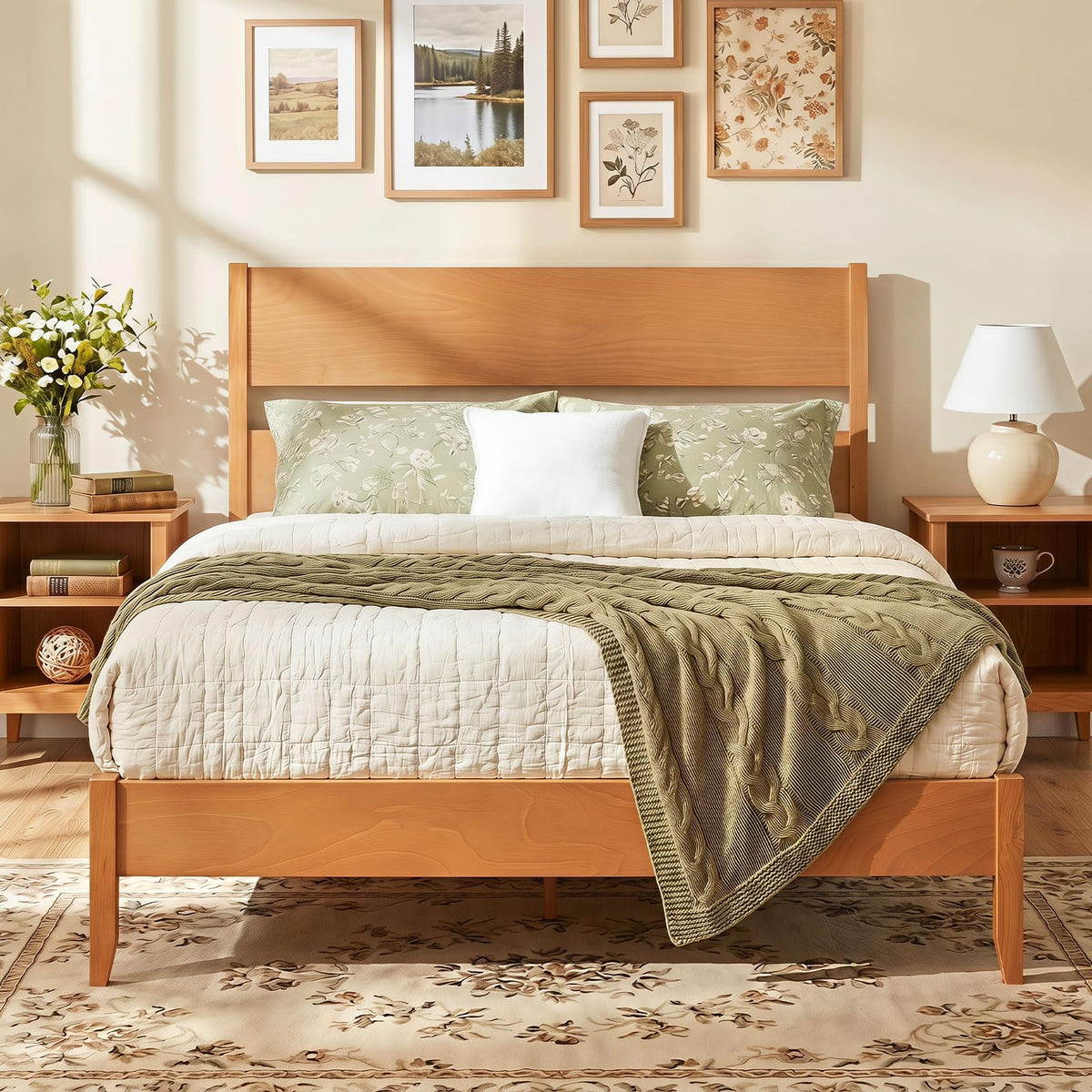 Goflame Queen/Full/Twin Size Wooden Bed Frame with Slatted Headboard