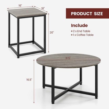 Goflame Round Nesting Table Set of 3, Farmhouse Coffee Table w/2 End Tables, Sturdy Metal Frame (Black Oak)