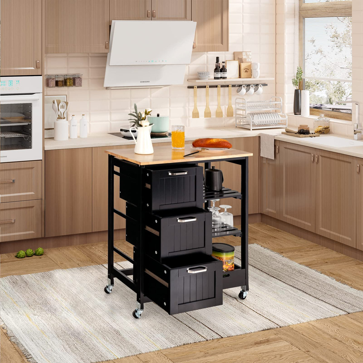 Goflame Kitchen Island Cart with Storage, Bar Serving Cart on Wheels with 3 Deep Drawers