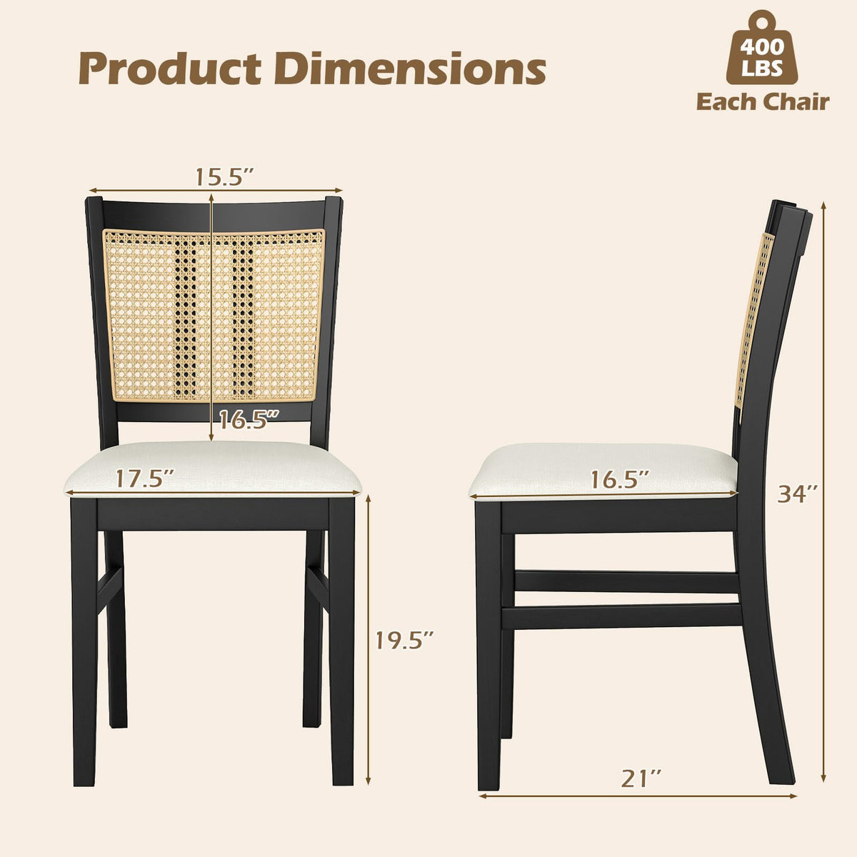 Goflame Rattan Dining Chairs Set of 2/4 Farmhouse Fabric Upholstered Kitchen Chairs with Rubber Wood Legs