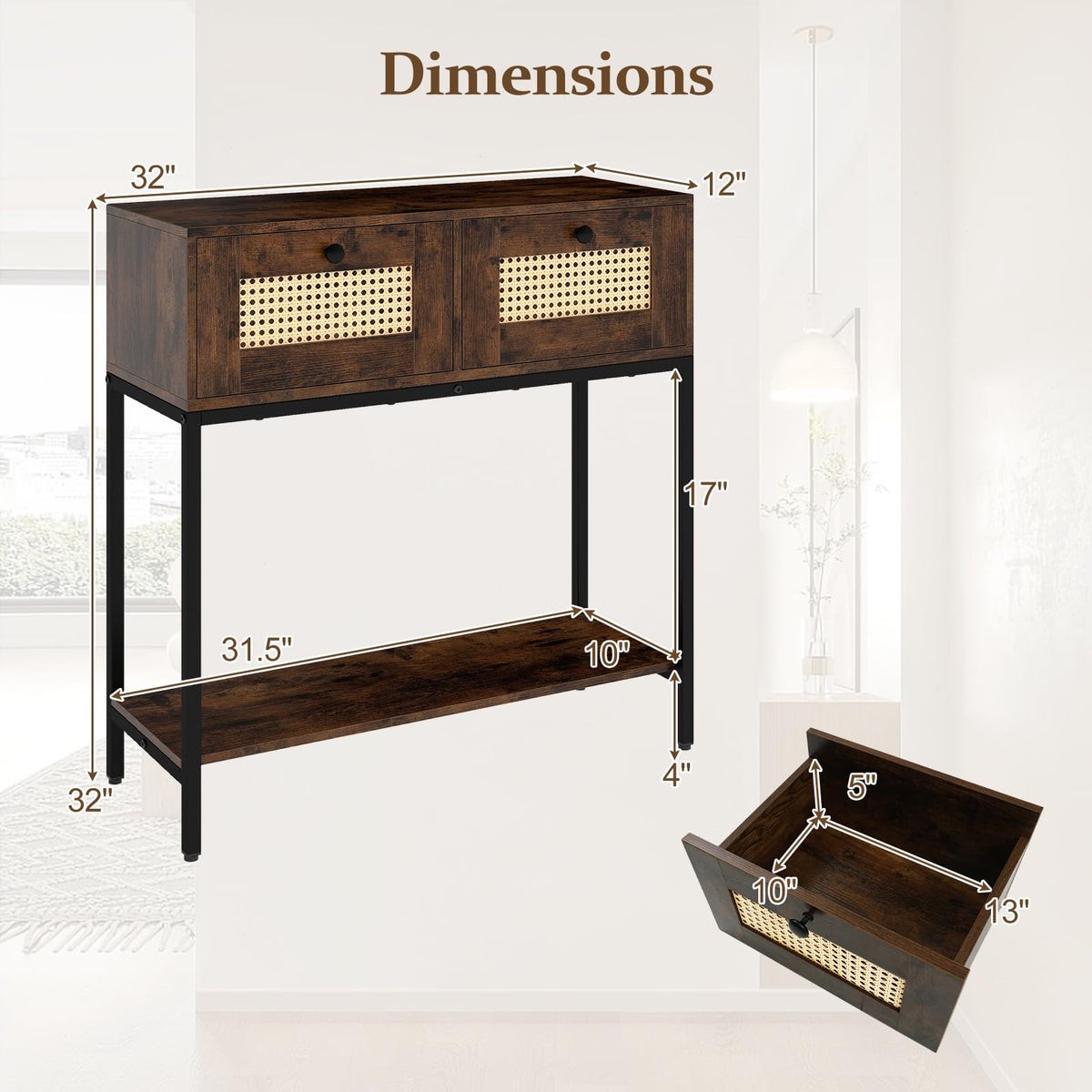 Goflame Rattan Console Table 32" Boho Entryway Table with 2 Drawers