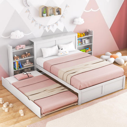 Goflame Full Bed Frame with Twin Trundle, Wooden Bed Wooden Bed Frame with 2 Rolling Bookcases & High Headboard