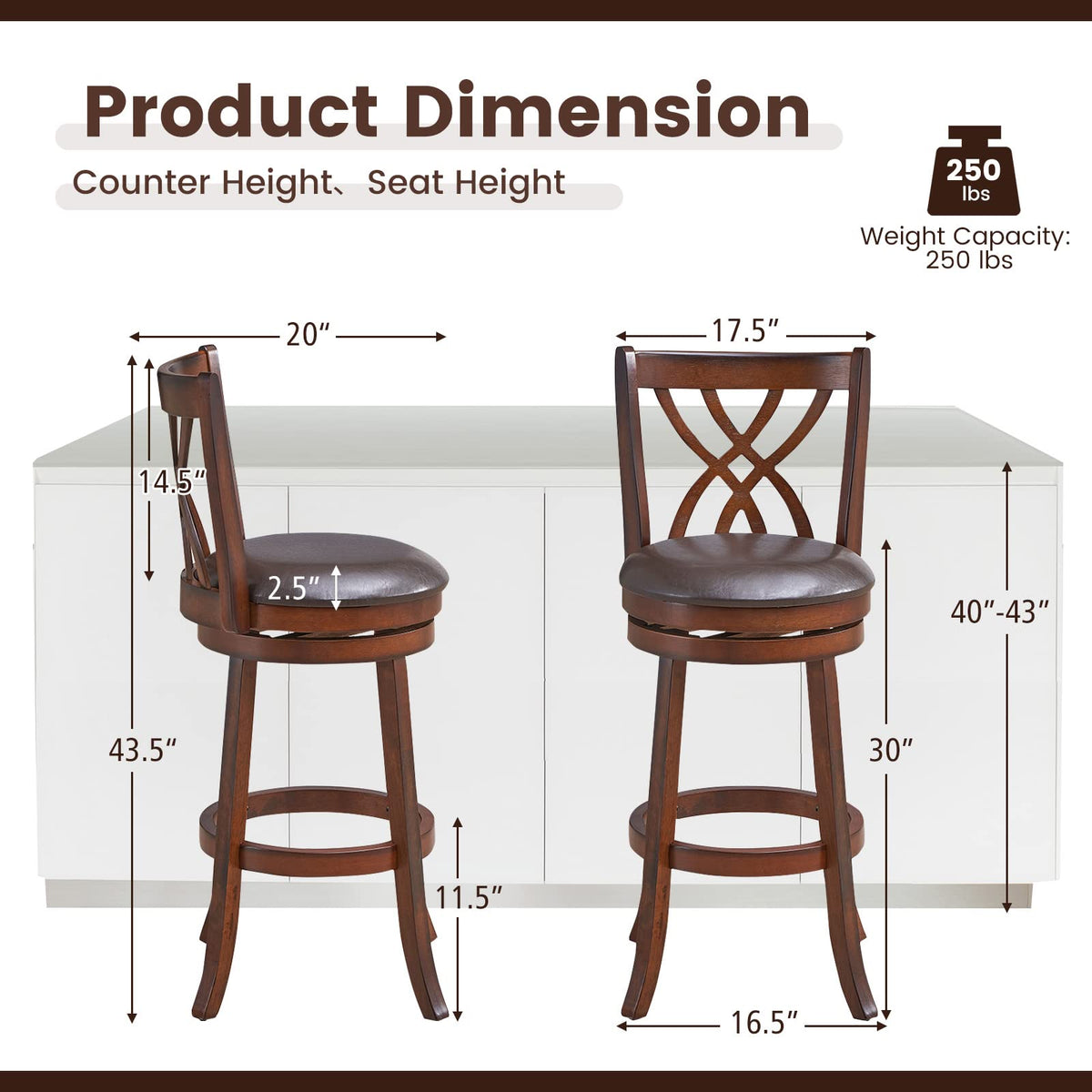 Goflame Brown Bar Stools PU Leather Cushioned Seat and Footrests, for Kitchen Island