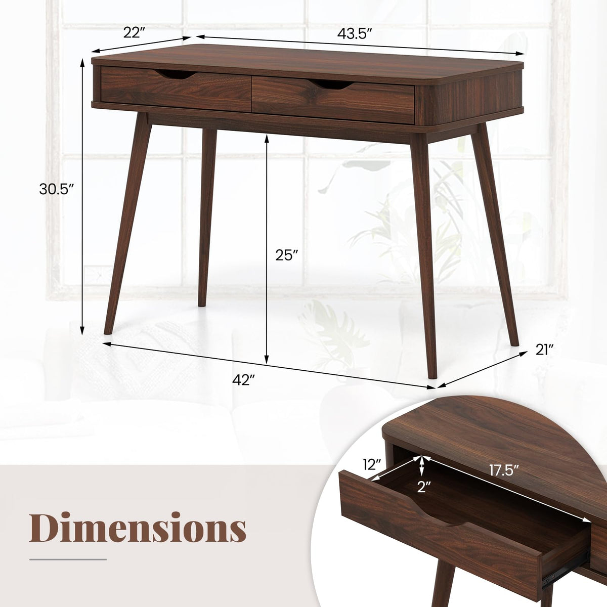 Goflame Mid-Century Desk with 2 Drawers, 43.5" Writing Study Desk with Solid Rubber Wood Legs