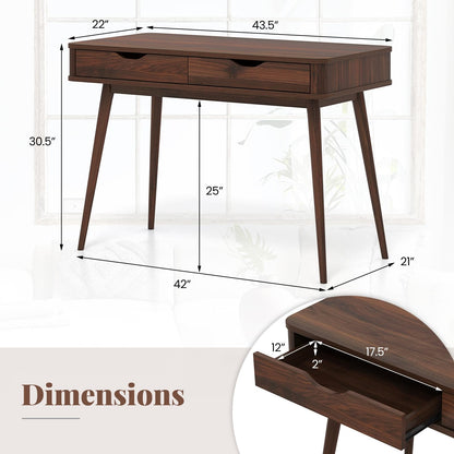 Goflame Mid-Century Desk with 2 Drawers, 43.5" Writing Study Desk with Solid Rubber Wood Legs