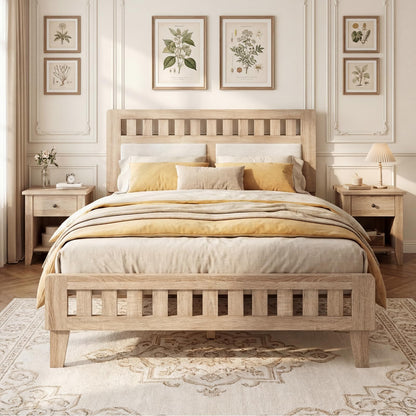 Goflame Mid-Century Wood Bed Frame with Upholstered Headboard (Full/Twin/Queen)