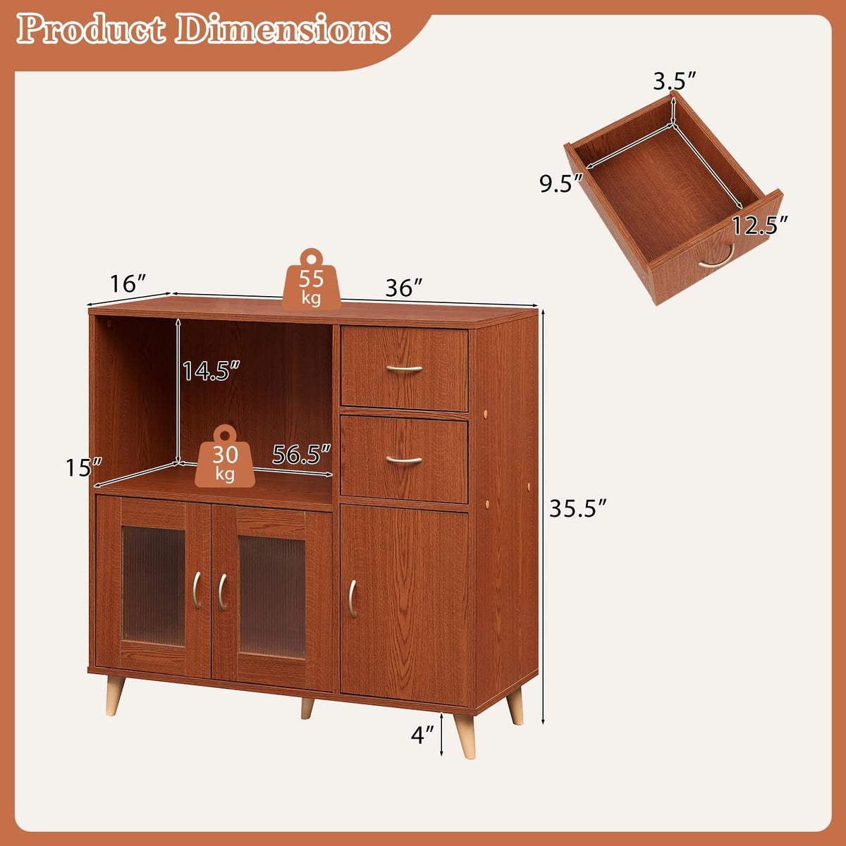 Goflame 36 Inch Sideboard Buffet Cabinet with Open Compartment