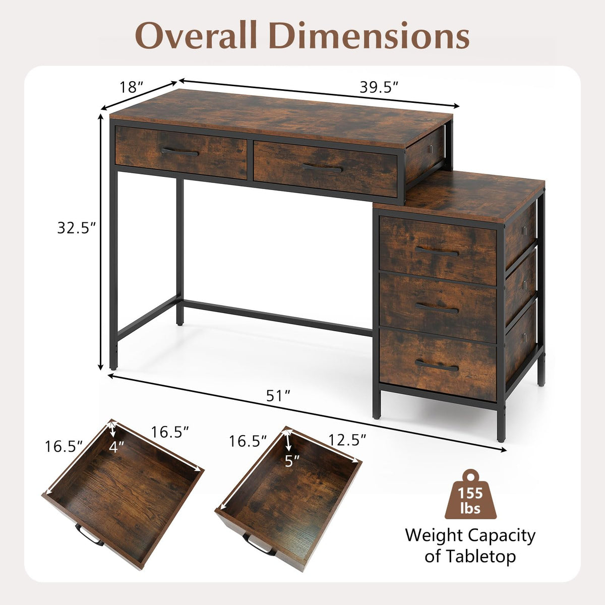 Goflame Reversible Computer Desk with 5 Drawers