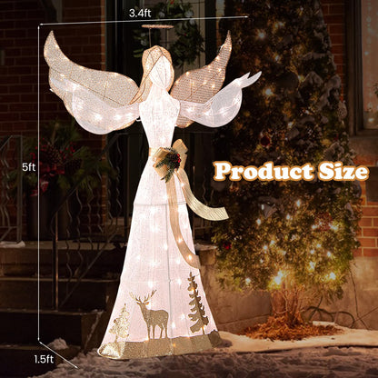 Goflame Pre-lit 3D Glittered Angel with 100 Warm White Lights Halo Bow Ground Stakes