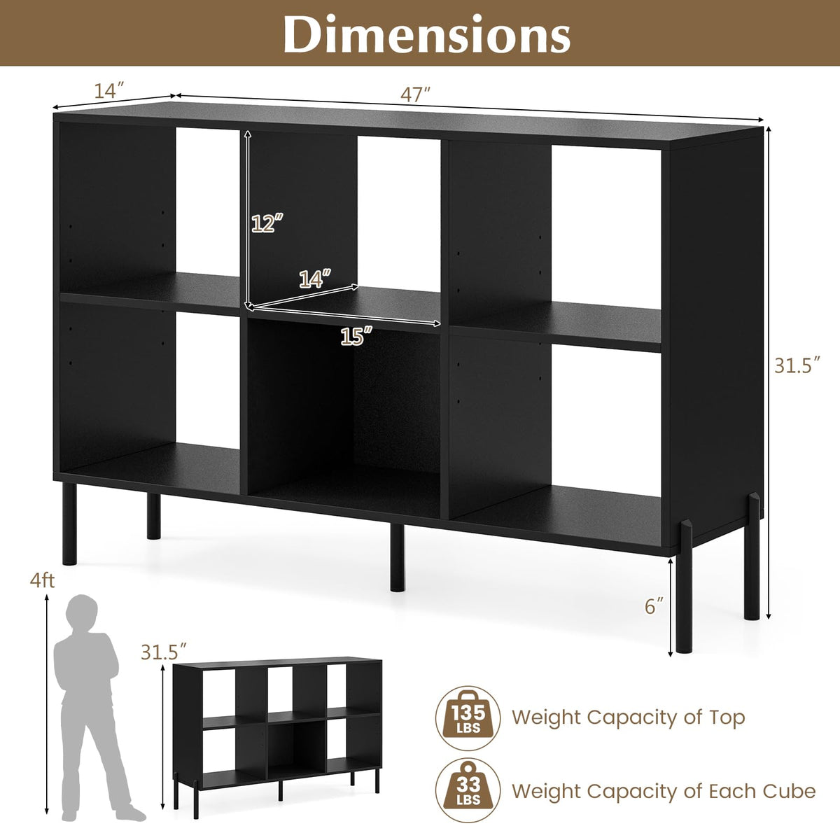Goflame 6 Cube Bookcase, 3-Tier 47" Long Wood Bookshelf w/ 5 Metal Legs, Adjustable Shelf, Anti-toppling Device