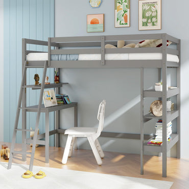 Goflame Loft Bed with Desk & Bookshelves