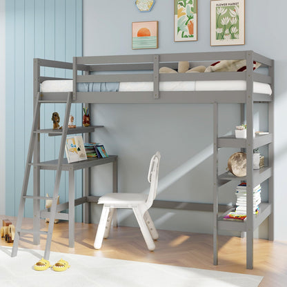 Goflame Loft Bed with Desk & Bookshelves