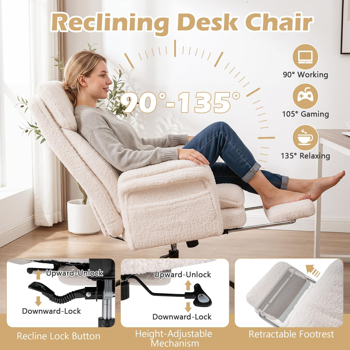 Goflame Criss Cross Legged Reclining Desk Chair with 5-Level Adjustable Armrests
