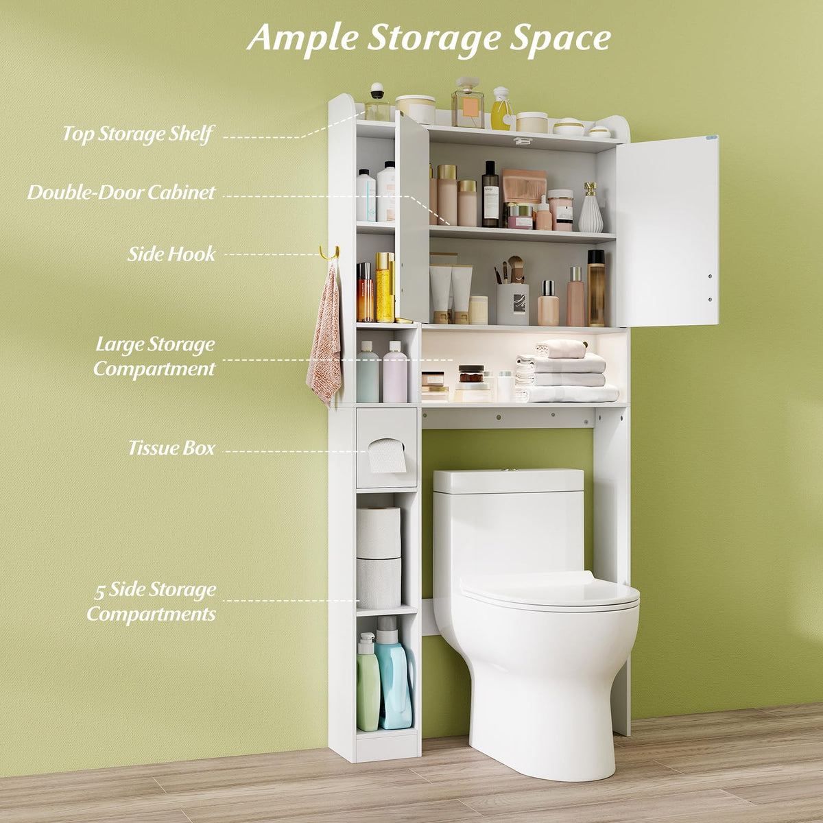 Goflame Over The Toilet Storage Cabinet with LED Light Doors Toilet Paper Holder