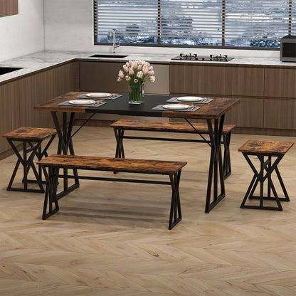 Goflame 55" Kitchen Table with 2 Benches & 2 Stools with X-Shaped Metal Frame