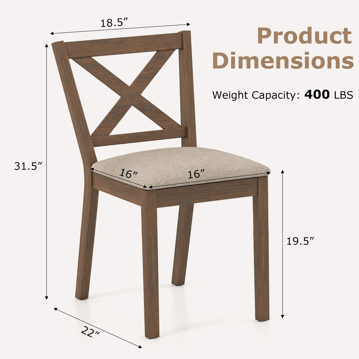Goflame Wooden Dining Chairs Set of 2/4 with Rubber Wood Legs, Fabric Padded Seat Cross Back