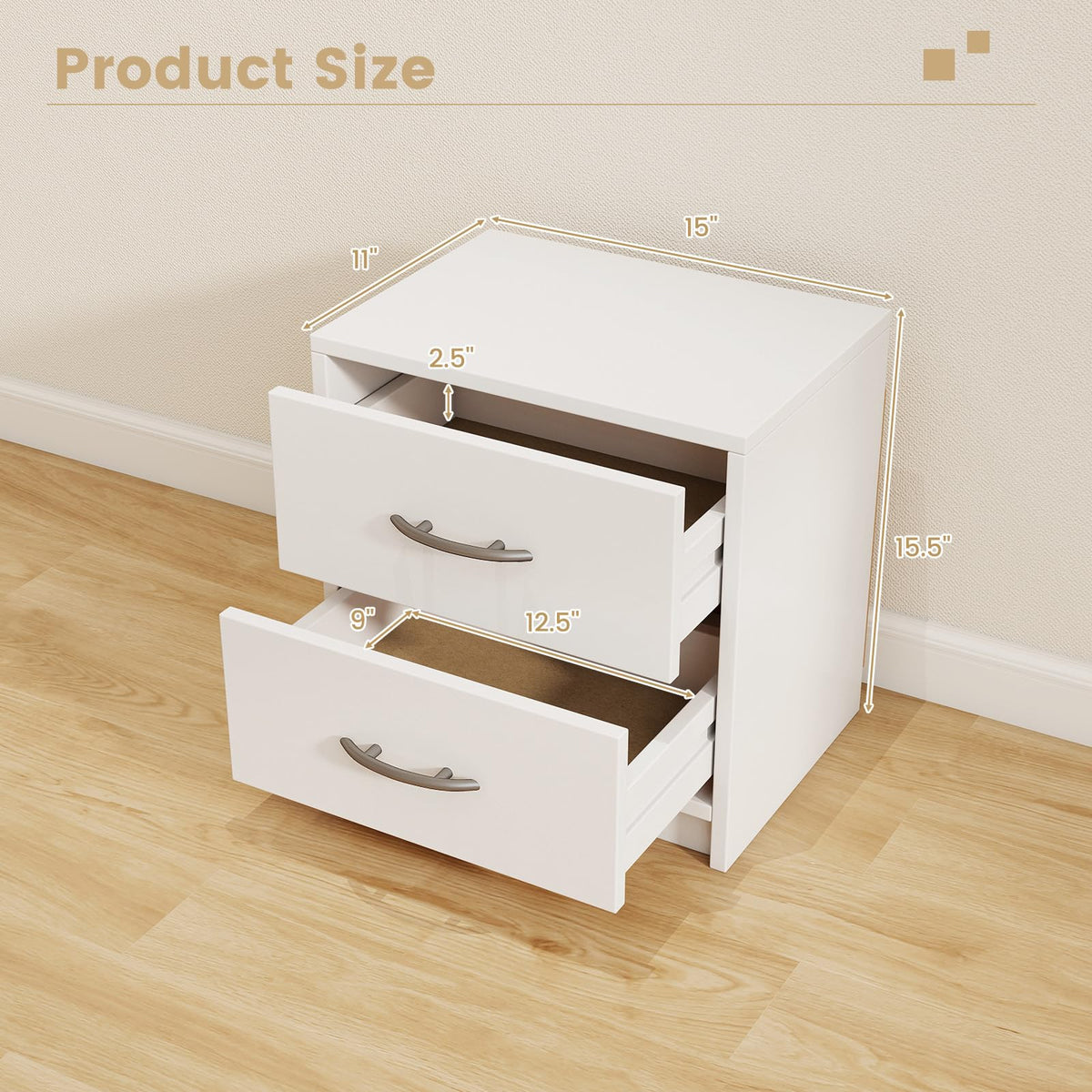 Goflame Nightstand with 2 Drawers, Modern Night Stand with Storage Drawers, Compact Floor Sofa Side Table for Small Spaces