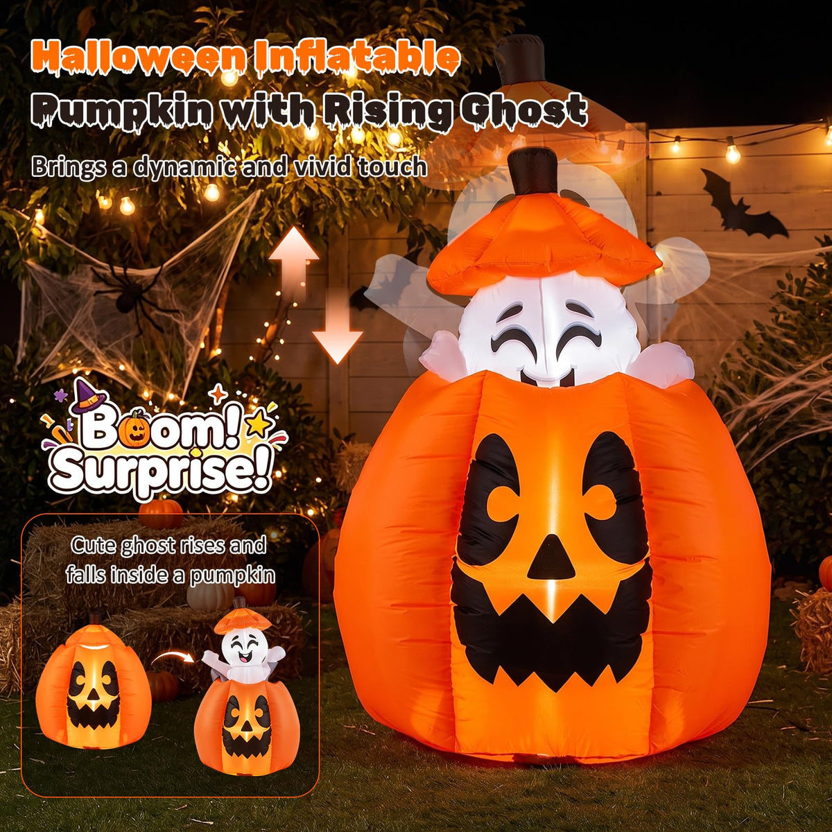 5 FT/150 CM Animated Halloween Inflatable Pumpkin and Rising Ghost