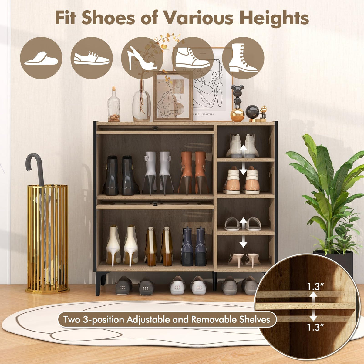 Goflame Shoe Cabinet with Flip & Slide Doors, Shoe Storage Cabinet with Adjustable Cube Shelves(Decorative Doors)