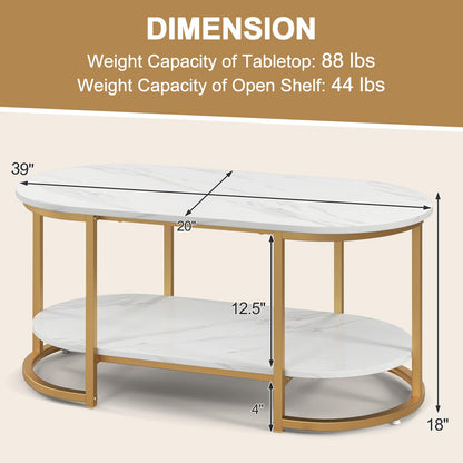 Goflame White Marble Coffee Table - Modern 2-Tier Center Table w/Open Storage Shelf