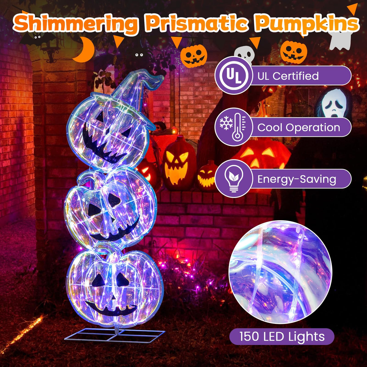 Goflame 3.4 Ft Halloween Decorations, Light up Stacked Pumpkins with 150 LED Lights