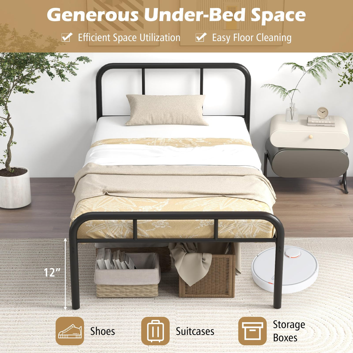Goflame Twin Size Bed Frame, Modern Metal Platform Bed with Headboard and Footboard, Heavy Duty Steel Slat Support Mattress Foundation
