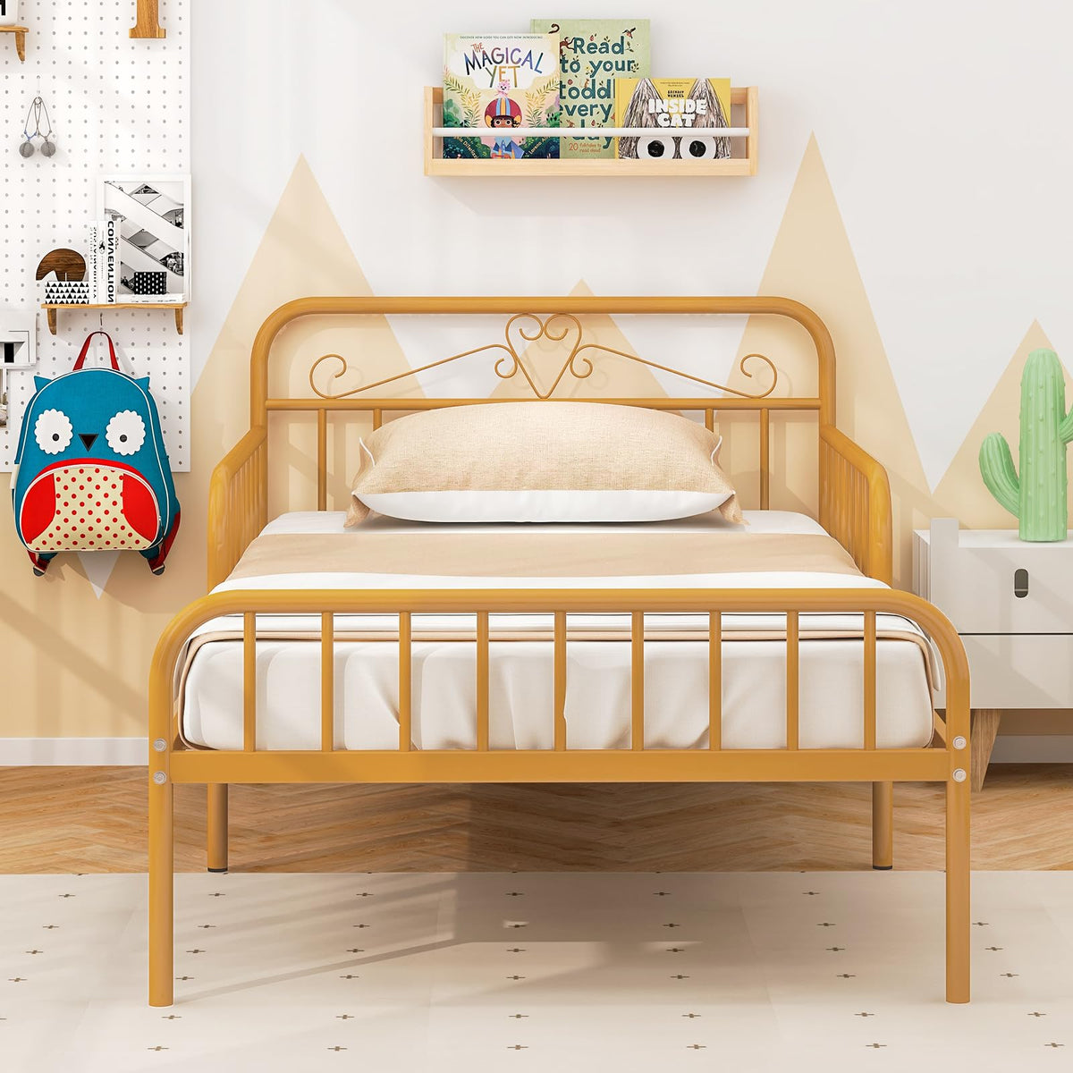 Goflame Metal Twin Bed Frames for Kids, Heavy Duty Metal Platform Bed Frame with Headboard & Safety Guardrails