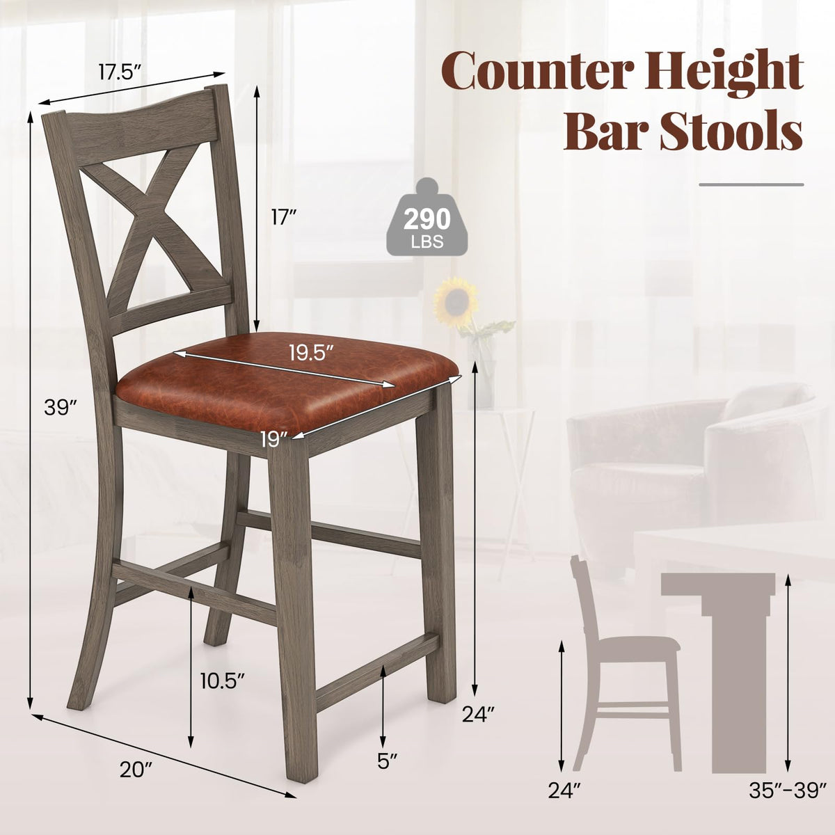 Goflame 24" Bar Stools Set of 2/4, Counter Height Bar Stools with Cross Back & Faux Leather Upholstered Seat