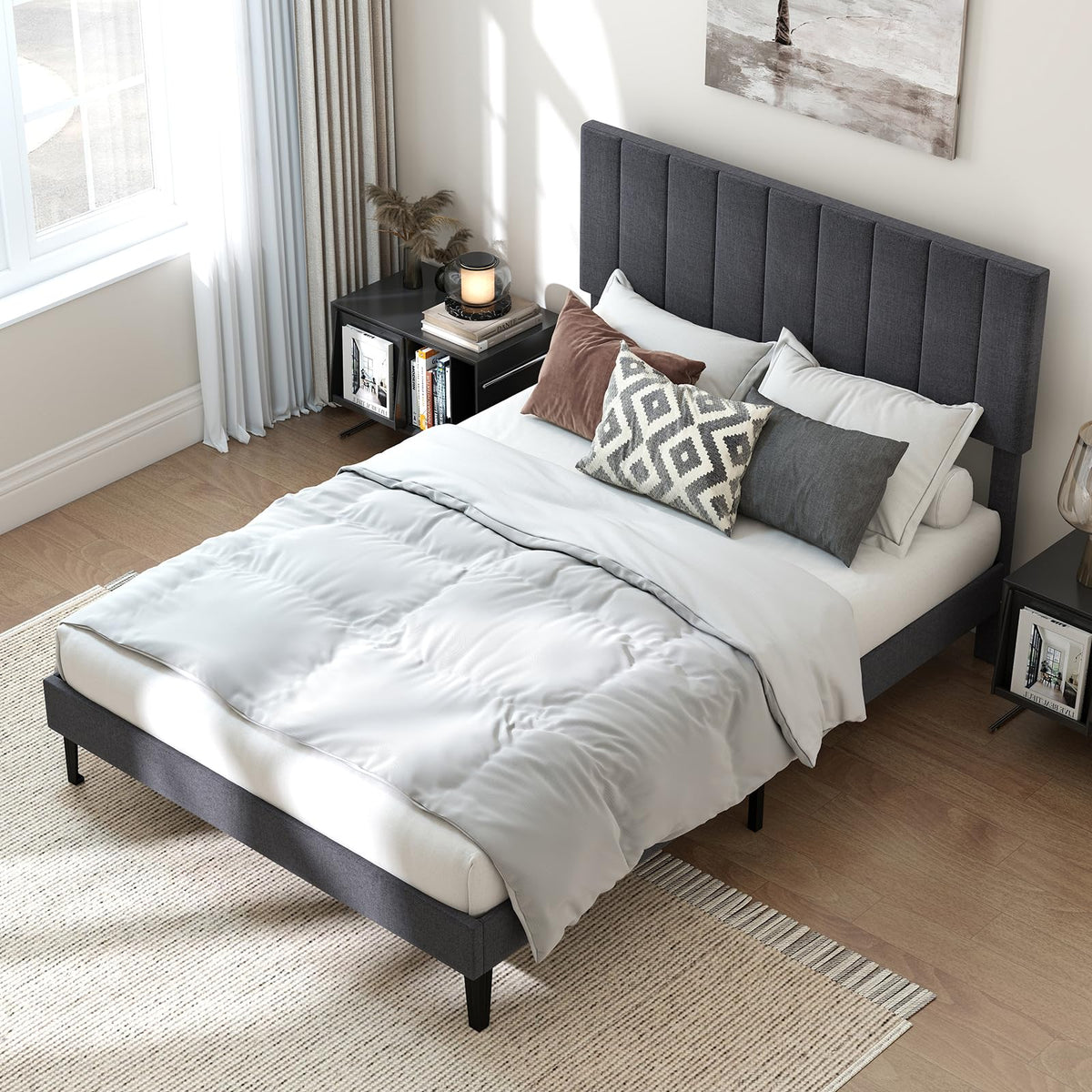 Goflame Queen/Full/Twin Size Upholstered Bed Frame Platform Bed with Height Adjustable Vertical Channel Headboard