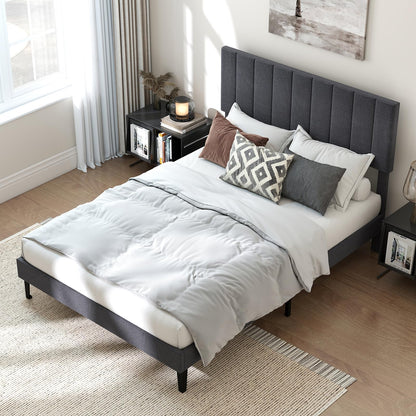 Goflame Queen/Full/Twin Size Upholstered Bed Frame Platform Bed with Height Adjustable Vertical Channel Headboard