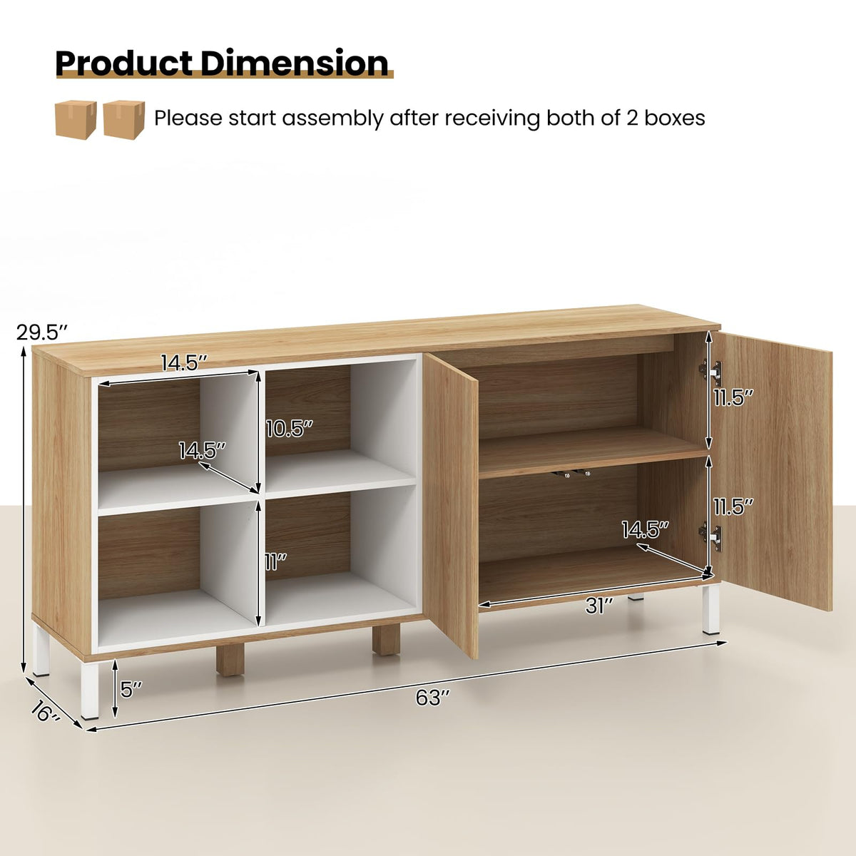 Goflame 63” Buffet Cabinet with Storage, Farmhouse Kitchen Sideboard w/ 4 Cubes, Adjustable Shelves & Pop-up Doors
