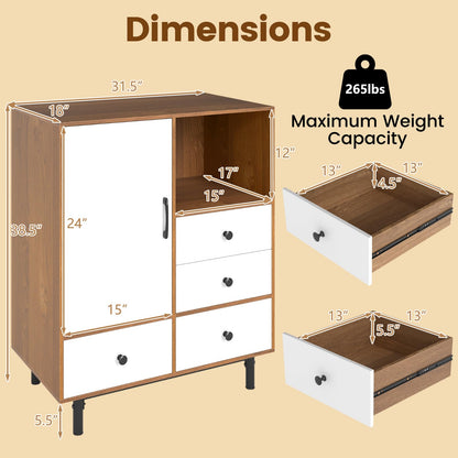 Goflame Storage Cabinet with 4 Drawers Door & Open Compartment, Metal Support Legs