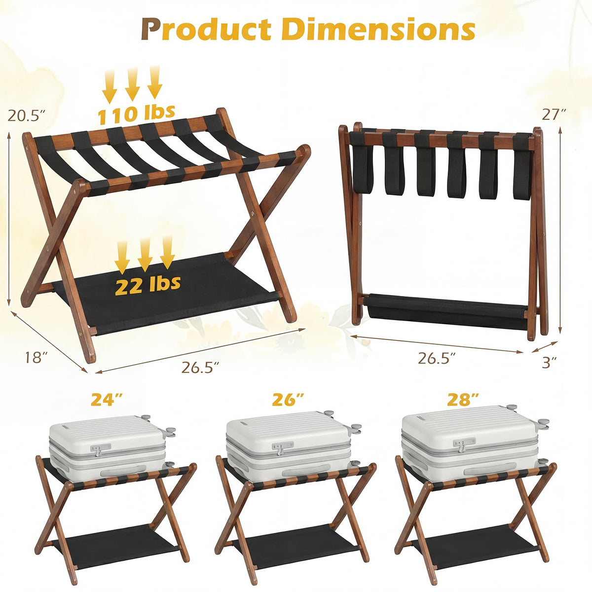 Goflame Folding Luggage Rack | Solid Rubber Wood Suitcase Stand with Storage Shelves