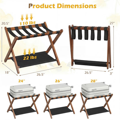 Goflame Folding Luggage Rack | Solid Rubber Wood Suitcase Stand with Storage Shelves