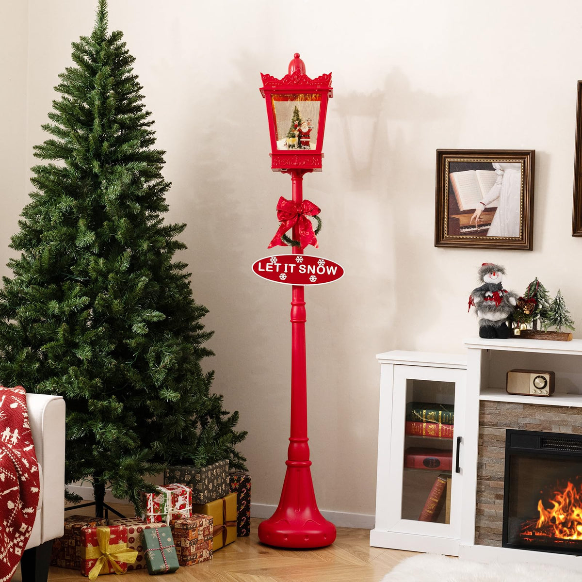 Goflame 8 ft Musical Christmas Streetlight w/Warm White LED Lights Snowy Effects Santa Scene