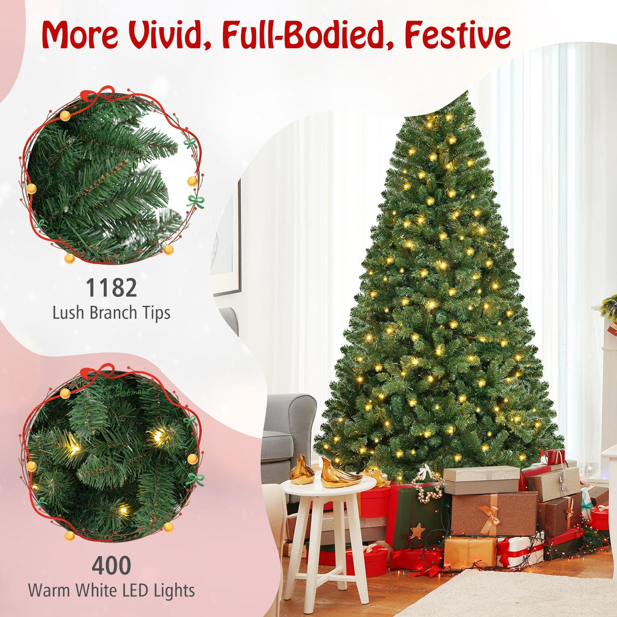 Goflame 8ft Pre-Lit Christmas Tree, Artificial Hinged Xmas Tree with 400 Warm White LED Lights