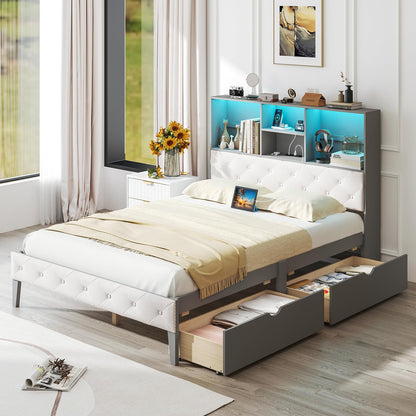 Goflame Gray Full Size Bed Frame with Upholstered Bookcase Headboard