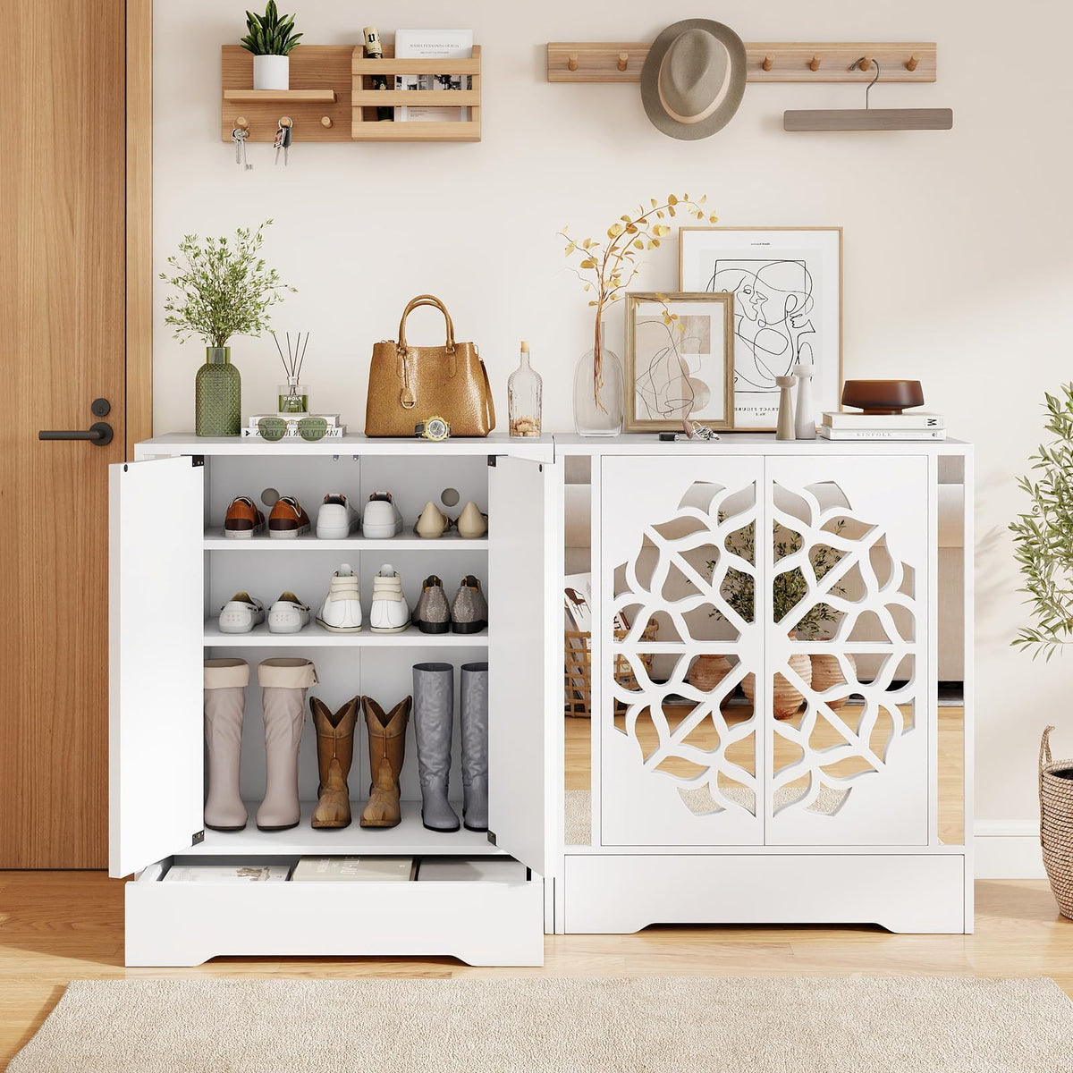 Goflame Shoe Cabinet with Drawer 6-Tier Shoe Organizer Cabinet with Mirrored Doors