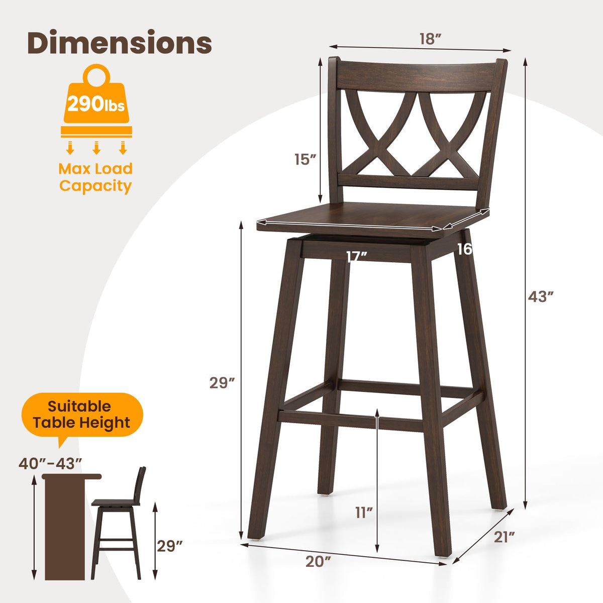 Goflame 29" Bar Stools Set of 2/4, Swivel Wooden Bar Chairs with Rubber Wood Frame, for Kitchen Island, Restaurant & Pub, Dark Grey