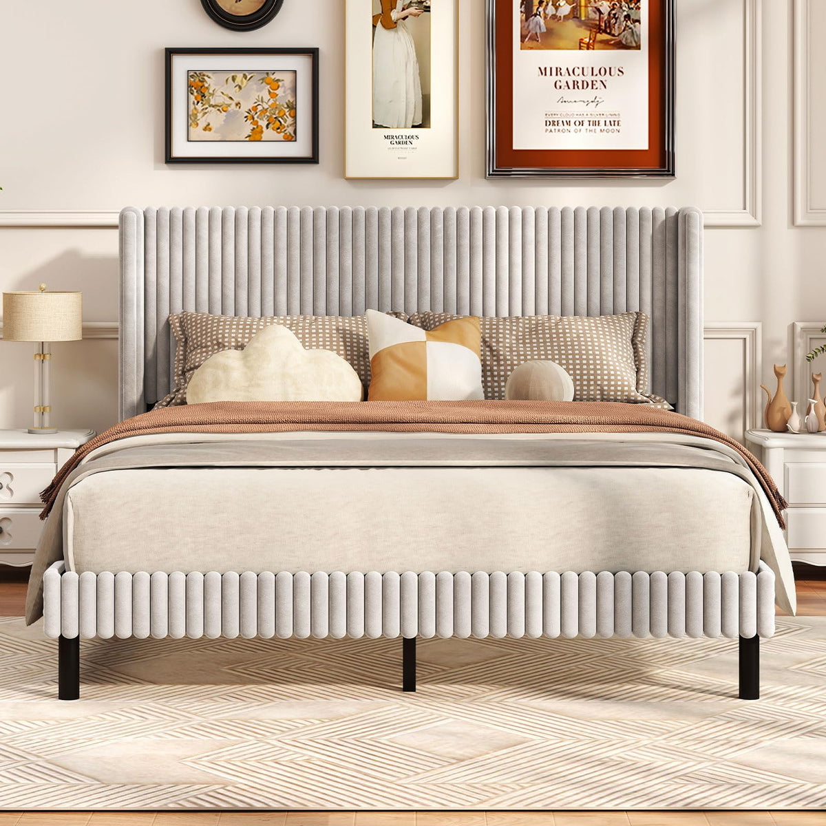 Goflame Queen Velvet Bed Frame Upholstered Platform Bed with Vertical Tufted Wingback Headboard