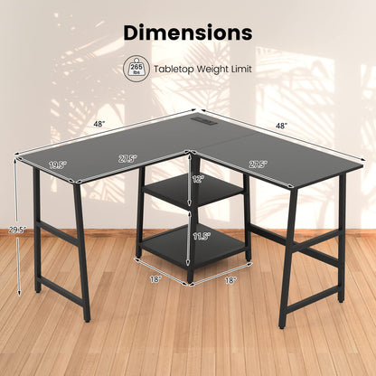 Goflame L Shaped Desk with Power Outlets & USB Ports, 48" Corner Gaming Desk with 2 Tier Storage Shelves