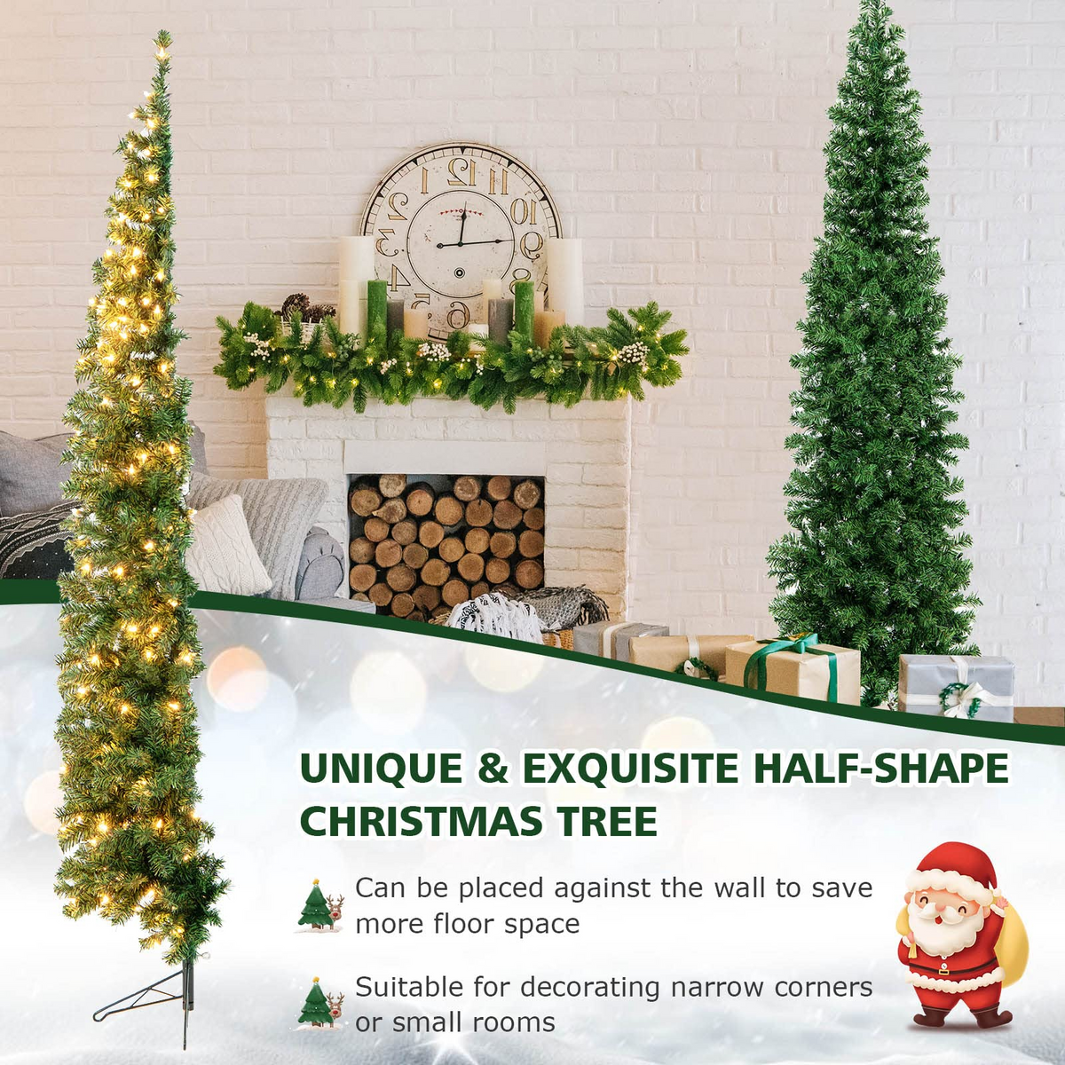 Goflame 7ft Prelit Half-Shape Christmas Tree, Space-Saving Slender Artificial Xmas Tree with 150 LED Lights - GoflameUS